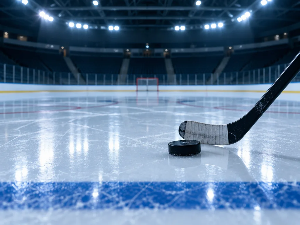 Klubba och puck vid blålinjen i en tom ishockeyarena